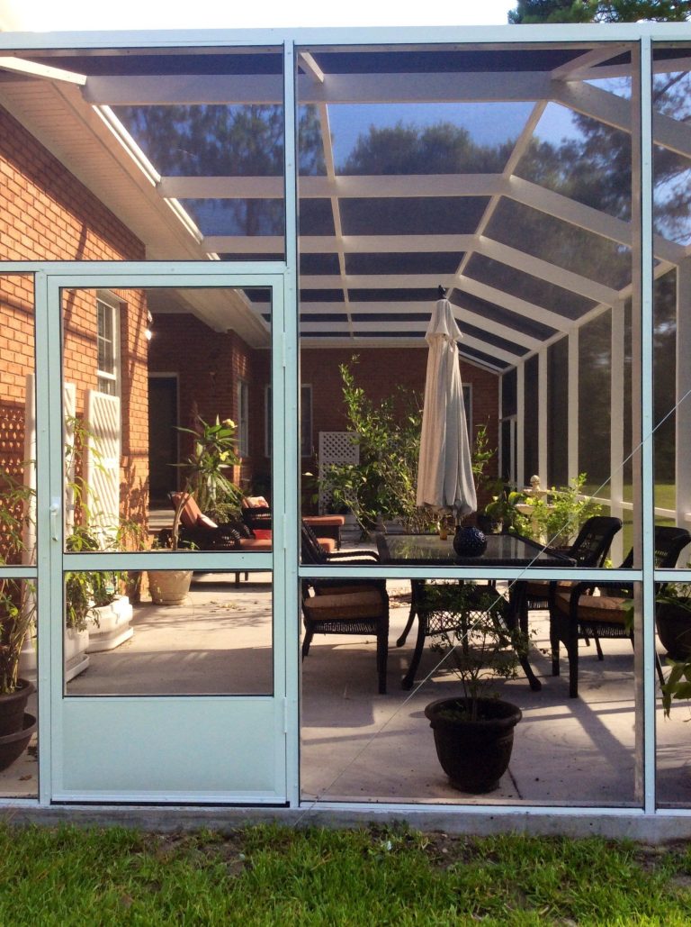 Aluminum screen room with 20/20 gnat-resistant panels installed in Appling County Georgia.