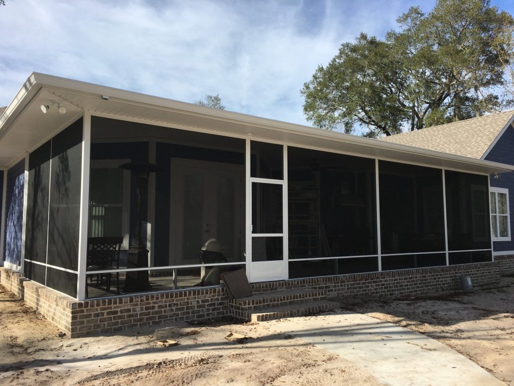 Screen room enclosure on a Guyton Georgia home with 20/20 gnat-resistant mesh installed for 169 annual mosquito days.