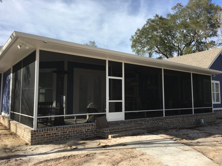 Screen room enclosure on a Guyton Georgia home with 20/20 gnat-resistant mesh installed for 169 annual mosquito days.