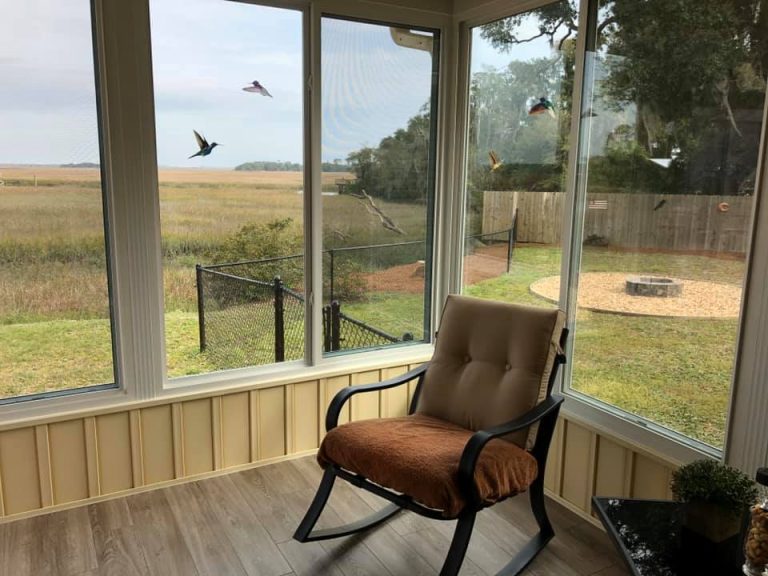 Screened sunroom with gnat-resistant mesh on a Ludowici Georgia home in zone 9a Long County.