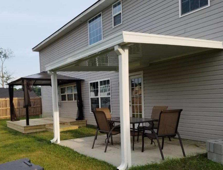 Aluminum patio cover with ceiling fan mount on Patterson Georgia backyard patio