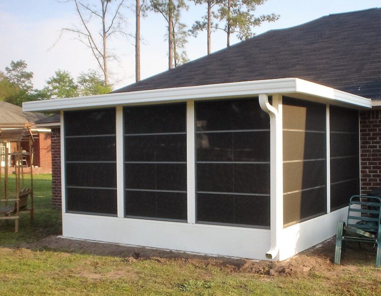 Close-up of 10-mil vinyl glazed track panels on a southeast Georgia porch enclosure.