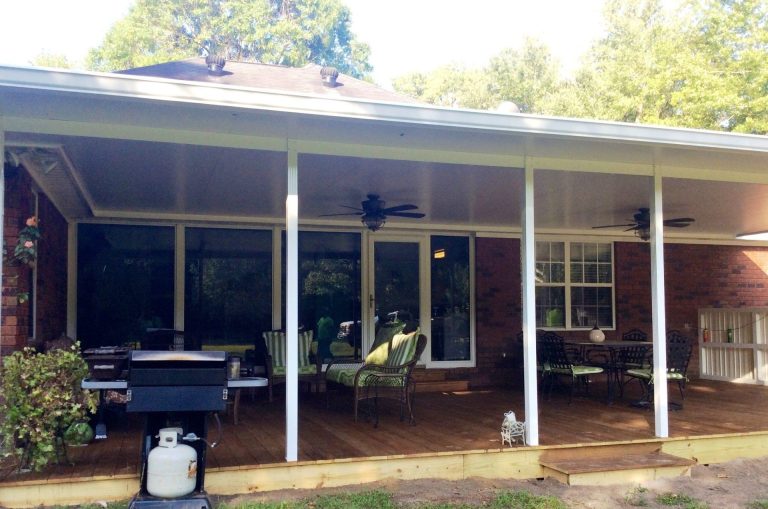 Aluminum patio cover installed on a Rincon Georgia home in Effingham County summer heat and wind.