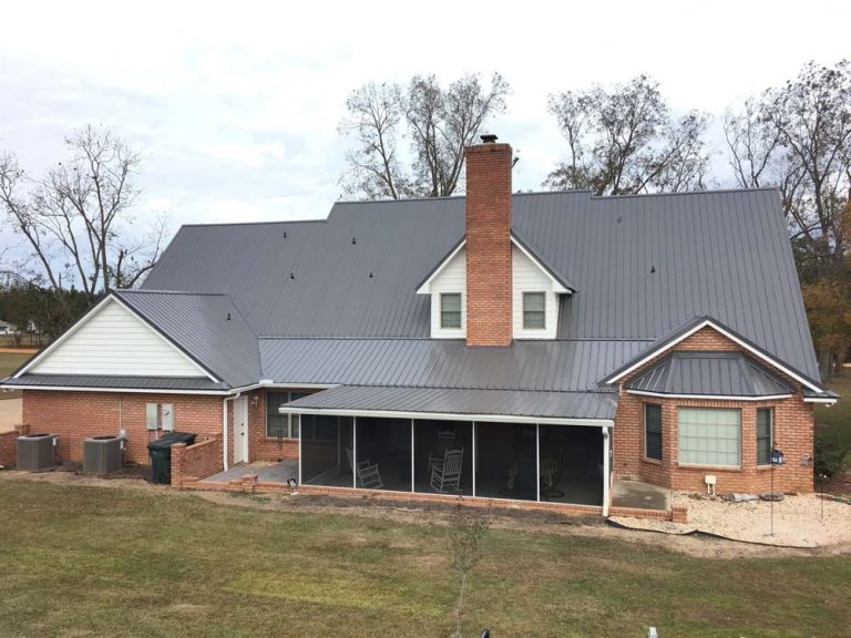 Close-up of Galvalume metal roofing panels installed on a McIntosh County Georgia home